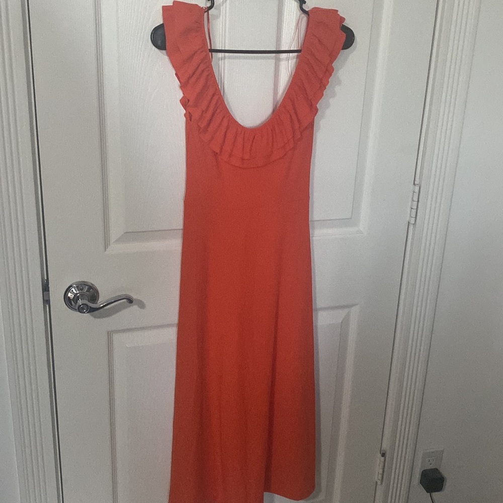 Zara Ribbed Ruffle Off Shoulder Orange Dress - Picture 5 of 6